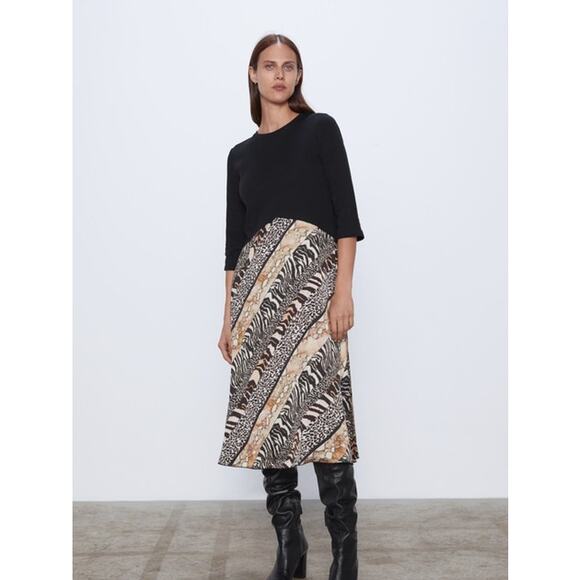 Zara Black Multicolor Animal Print Long Sleeve Leopard Zebra Midi Dress Size L - Picture 1 of 9